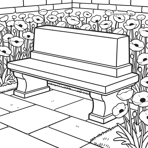 Schwarz-weiße Linienzeichnung einer Steinbank in einem Gedenkgarten, umgeben von hohem Mohn und einem gepflasterten Weg.
