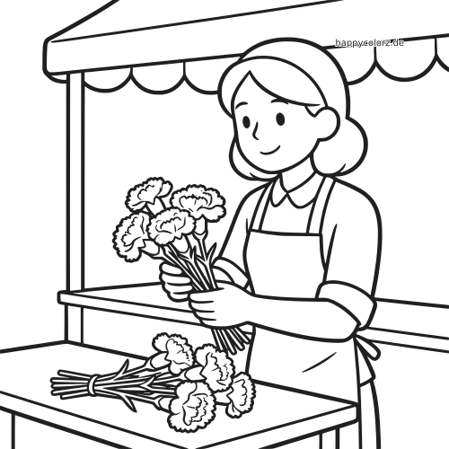 Schwarz-weiße Illustration einer Floristin, die an einem Marktstand einen Strauß Nelken in den Händen hält; ein weiterer Strauß liegt auf dem Tresen.