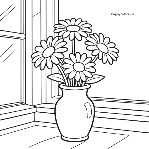 Schwarz-weiße Linienzeichnung von Gänseblümchen in einer Vase auf der Fensterbank vor einem sonnigen Küchenfenster.