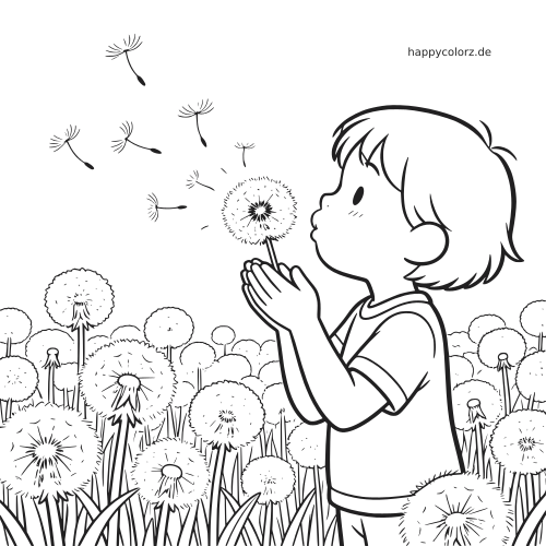 Ein Kind im Seitenprofil pustet eine Pusteblume, während die Samen über ein Feld voller Pusteblumen fliegen.
