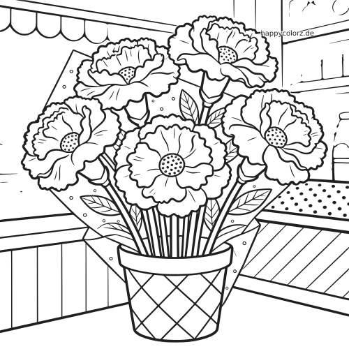Ein Strauß aus Nelken in Papierwicklung steht in einem Blumenladen als detailreiche Schwarz-Weiß-Zeichnung.