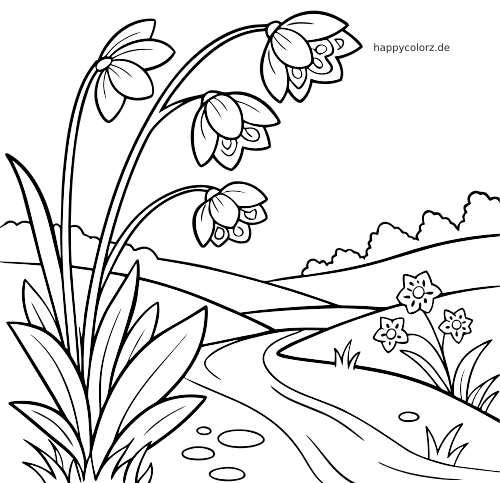 Schwarz-weiße Linienzeichnung mit hohen Schneeglöckchen an einem geschwungenen Fluss, dazu Hügel, Büsche und kleine Blumen.