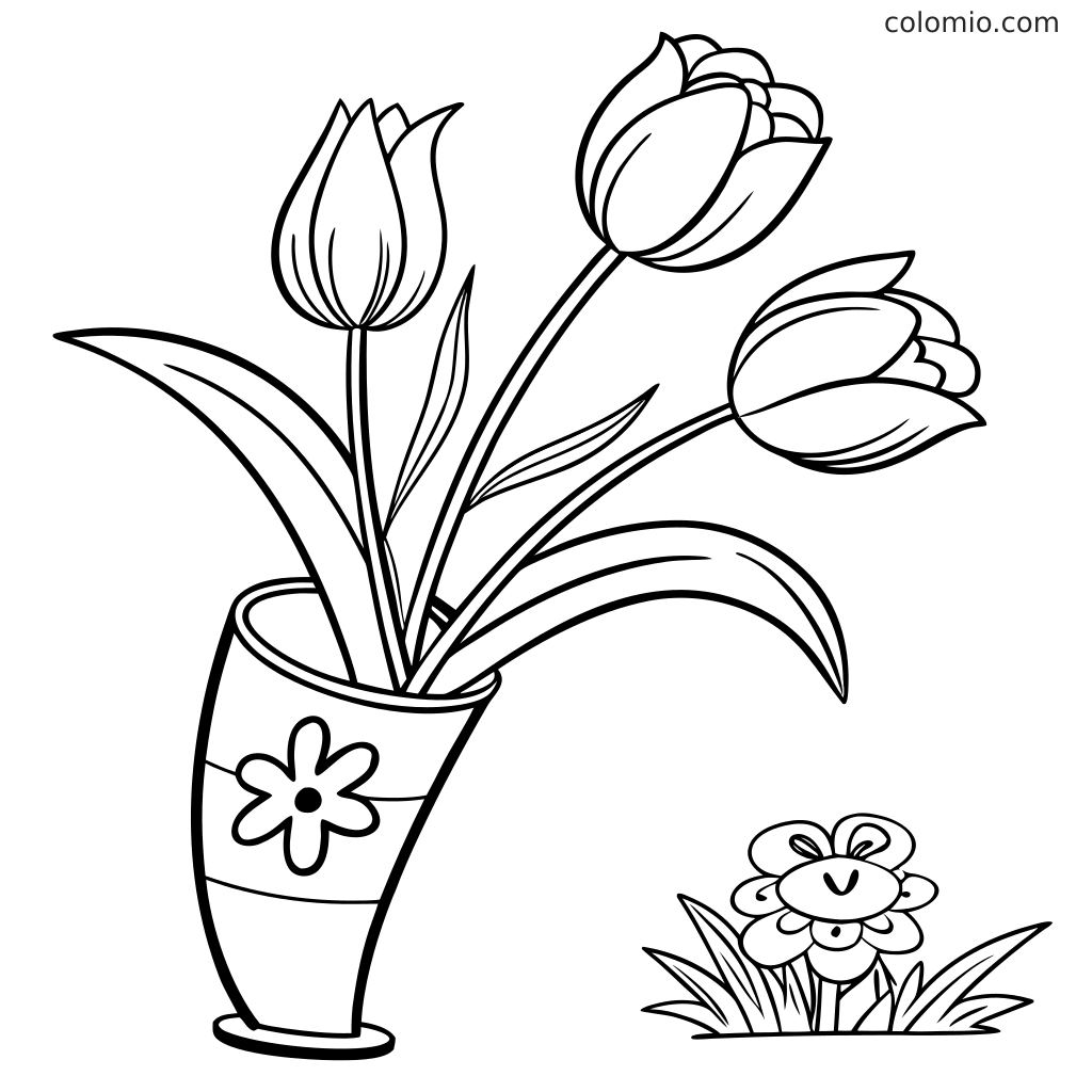 Schwarz-weißes Ausmalbild mit drei Tulpen mit langen Blättern in einer Vase sowie einer kleinen Blume, die im Gras wächst.