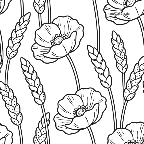 Schwarz-weißes, detailreiches Muster mit Mohnblumen und Weizenähren auf langen Stielen als florales Wiederholungsmotiv.