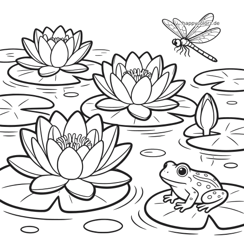 Ein Frosch sitzt auf einem Seerosenblatt im Teich, daneben blühen mehrere Seerosen und darüber fliegt eine Libelle.