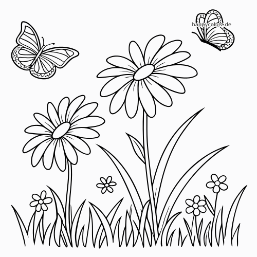 Schwarz-weißes Ausmalbild mit zwei großen Gänseblümchen auf einer Wiese, zwei Schmetterlingen, Gras und kleinen Blumen.