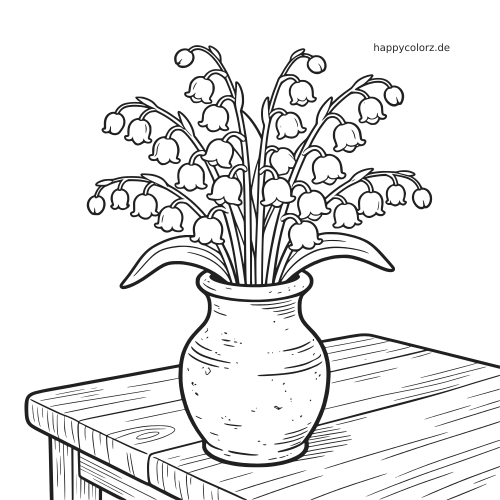 Schwarz-weiße Linienzeichnung von Maiglöckchen in einer rustikalen Keramikvase auf einem Holztisch als einfache Blumenszene.