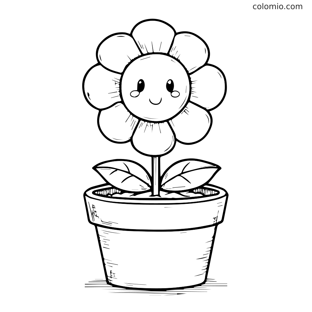 Eine fröhliche Blume mit einem lächelnden Gesicht im Topf, perfekt zum Ausmalen.