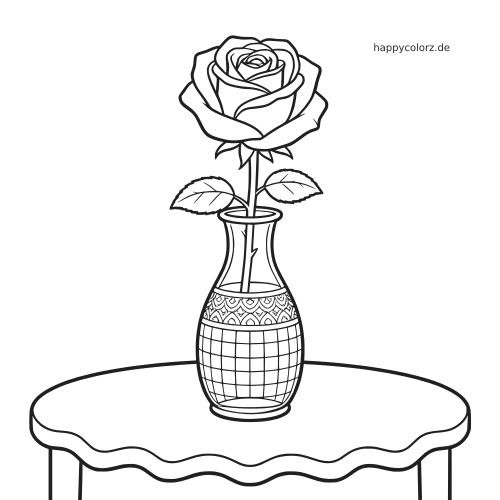 Eine einzelne Rose steht in einer gemusterten Vase auf einem Tisch, als detailreiche Schwarz-Weiß-Zeichnung.
