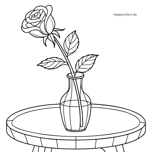 Eine einzelne Rose neigt sich zur Seite und steht in einer schlichten Glasvase auf einem runden Tisch, als einfache Schwarz-Weiß-Kontur.