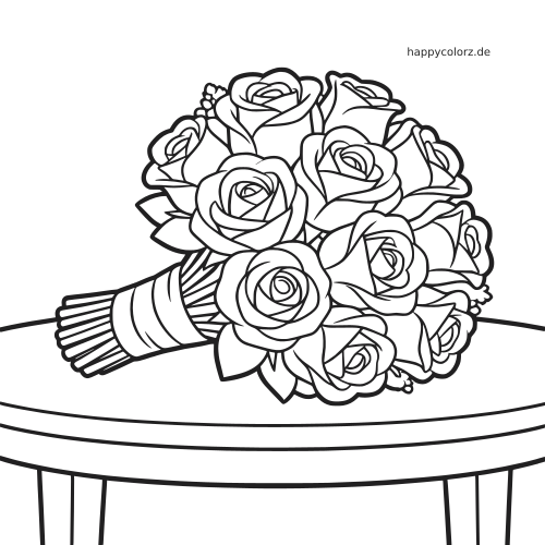 Schwarz-weiße Linienzeichnung eines Hochzeitsstraußes aus Rosen, der auf einem runden Tisch liegt.