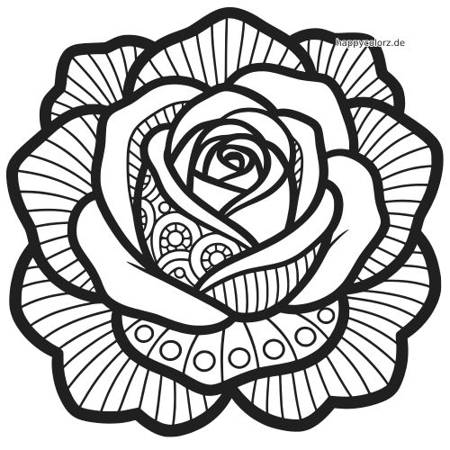 Ein dekoratives Rosenmandala mit geschichteten Blütenblättern, gestreiften Außenformen und runden Details in kräftigen schwarzen Konturen.
