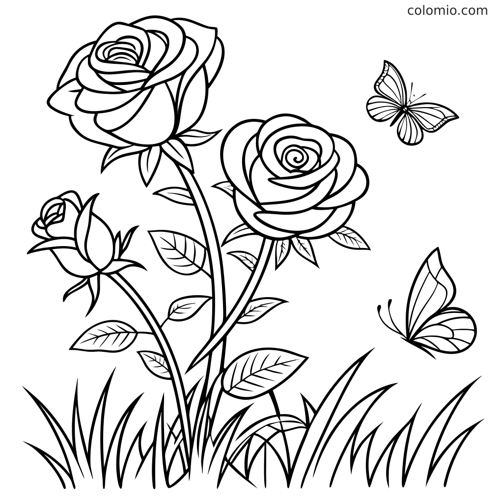 Ausmalbild als Linienzeichnung mit drei Rosenblüten an Stielen mit Blättern, Gras am unteren Rand und zwei Schmetterlingen in der Nähe.