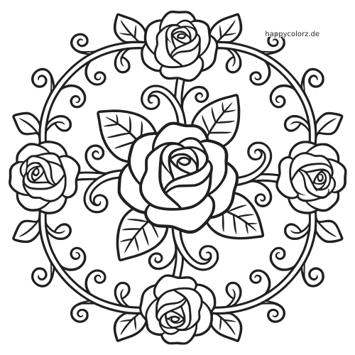 Schwarz-weißes Rosenmuster mit fünf Rosen, geschwungenen Ranken und Blättern in einem kreisförmigen floralen Design.