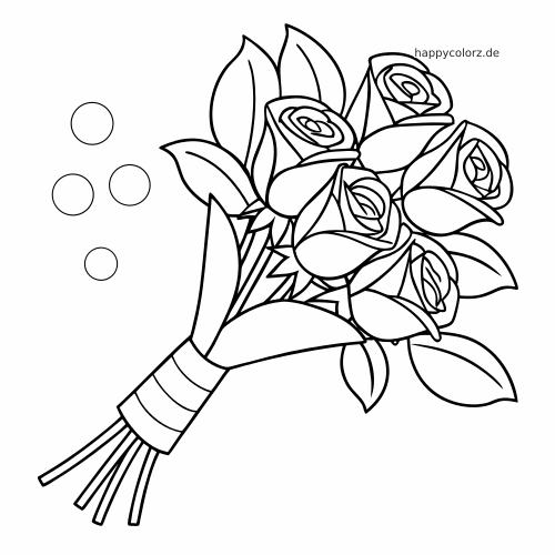 Schwarz-weiße Linienzeichnung eines Rosenstraußes mit mehreren Rosen, Blättern und einem umwickelten Band am Stiel.