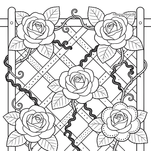 Schwarz-weißes Ausmalbild mit fünf blühenden Kletterrosen, vielen Blättern und geschwungenen Ranken an einem Rankgitter.