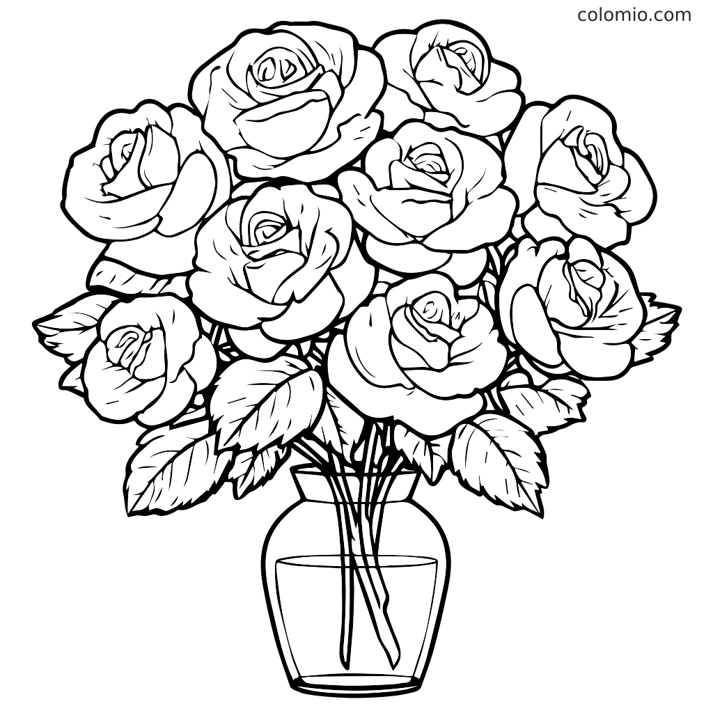 Eine detaillierte Malvorlage mit einem Rosenstrauß in einer Vase, perfekt für Kinder zum Ausmalen.