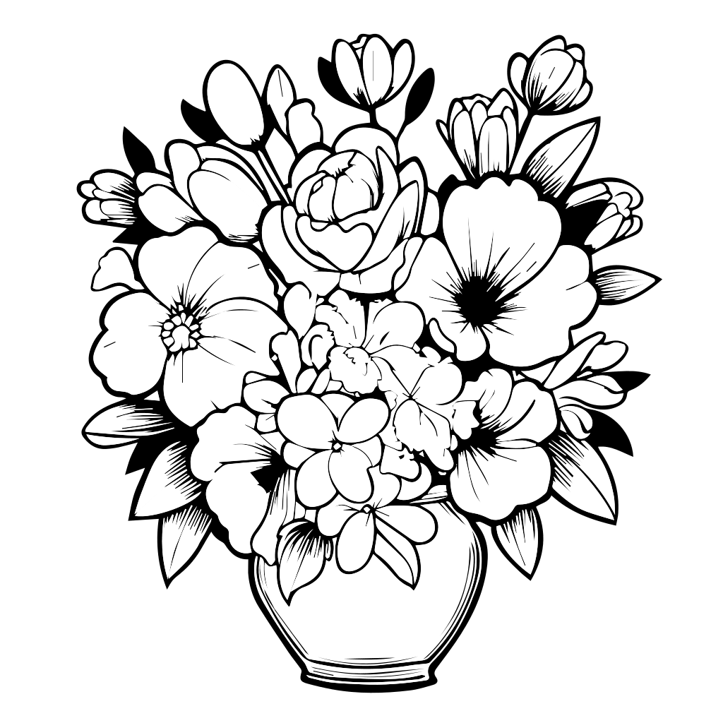 Eine detaillierte schwarz-weiße Illustration eines Blumenstraußes in einer Vase, perfekt zum Ausmalen.