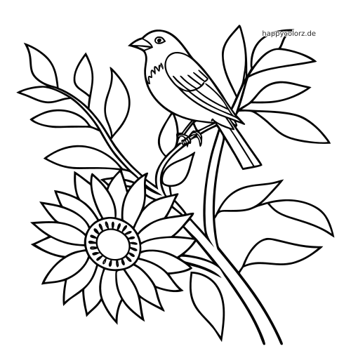 Ein Vogel sitzt auf dem gebogenen Stängel einer Sonnenblume mit vielen Blättern in einer einfachen Linienzeichnung.