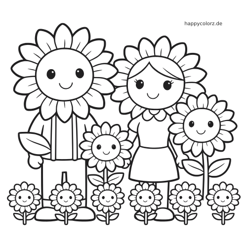 Cartoon-Sonnenblumenfamilie in einer Reihe mit zwei großen Elternblumen, zwei kleineren Kindern und mehreren kleinen Blumen davor.