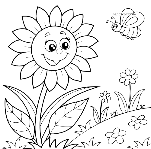 Eine einfache, lächelnde Sonnenblume mit großen Blättern steht auf einem grasigen Hügel, daneben fliegt eine kleine Biene.
