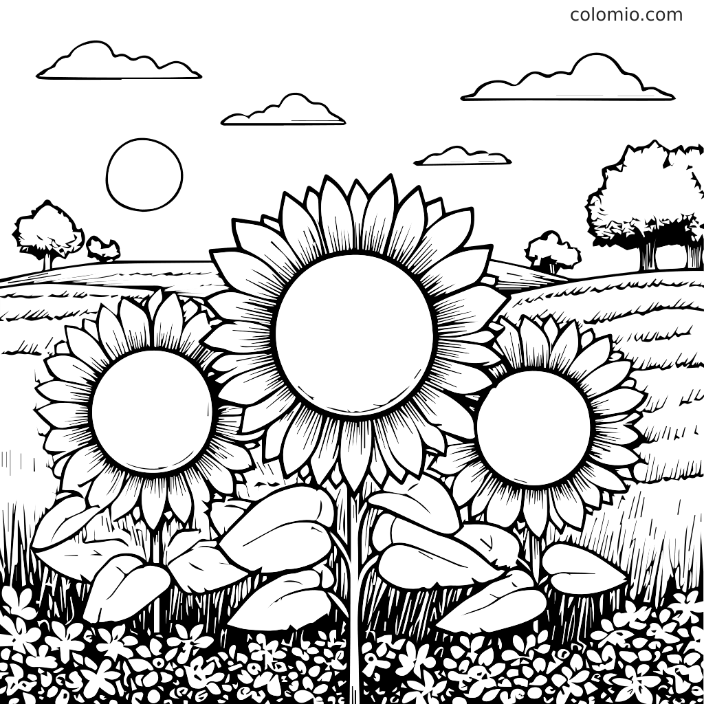 Eine Schwarz-Weiß-Malvorlage mit drei Sonnenblumen auf einem Feld mit Wolken und einer Sonne.