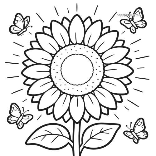 Eine einfache Sonnenblume bei Sonnenaufgang mit vier Schmetterlingen darum, gezeichnet mit dicken schwarzen Umrissen zum leichten Ausmalen.