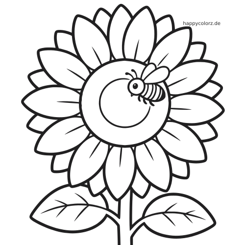 Nahaufnahme einer Sonnenblume mit vielen Blütenblättern und einer kleinen Biene am Blütenkopf als einfache Schwarz-Weiß-Zeichnung.