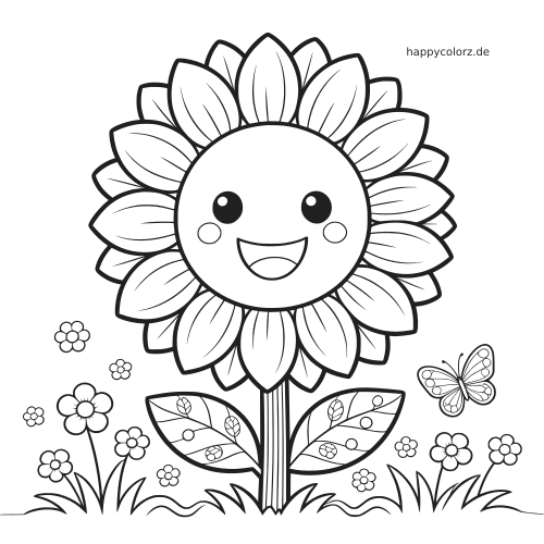 Eine lächelnde Sonnenblume mit vielen Blütenblättern steht im Garten, umgeben von kleinen Blumen, Gras und einem Schmetterling.