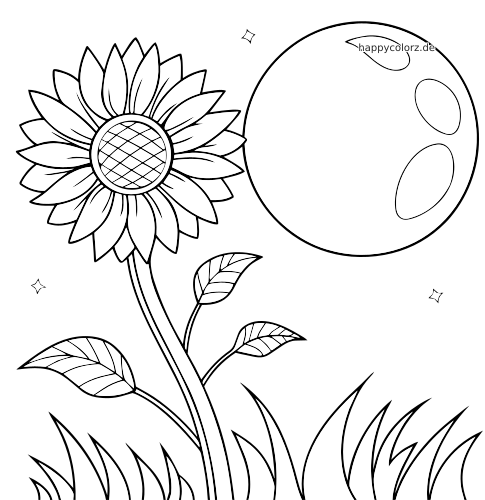 Eine hohe Sonnenblume mit Blättern und Gras steht unter einem großen Vollmond in einer einfachen Nachtszene mit kleinen Sternen.