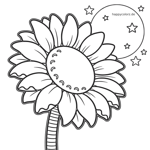 Eine große Sonnenblume mit runden Blütenblättern steht unter einem Vollmond, umgeben von einfachen Sternen im Comicstil.