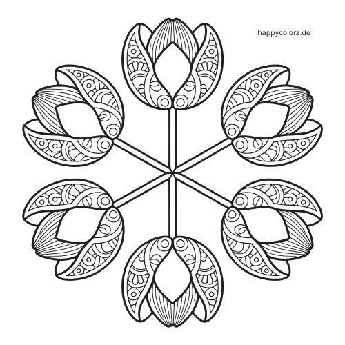 Sechs Tulpen sind kreisförmig wie ein Mandala angeordnet, mit detailreichen gemusterten Blütenblättern und Stielen als schwarze Umrisszeichnung.