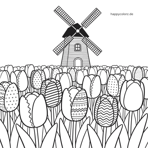 Ein dichtes Tulpenfeld mit gemusterten Blüten füllt den Vordergrund, dahinter steht mittig eine Windmühle.