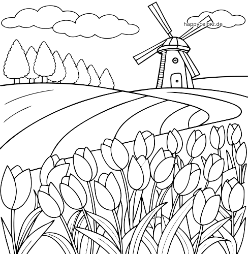 Eine einfache Landschaft mit einem Tulpenfeld im Vordergrund, geschwungenen Feldern, Bäumen, Wolken und einer Windmühle im Hintergrund.