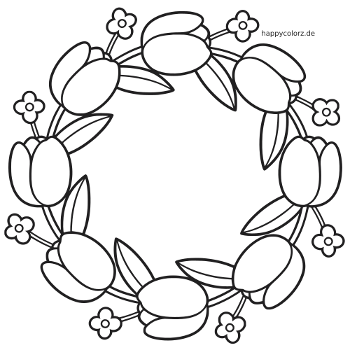 Ein einfacher runder Tulpenkranz mit mehreren Tulpenblüten, Blättern und kleinen Blumen als dekorativem Rahmen.