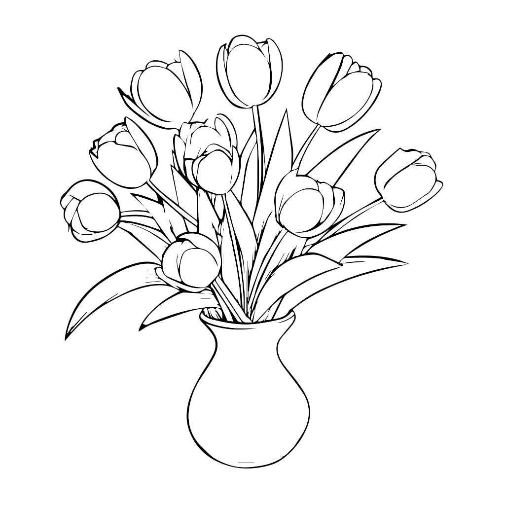 Eine schwarz-weiße Umrisszeichnung einer Vase mit Tulpen, perfekt zum Ausmalen.