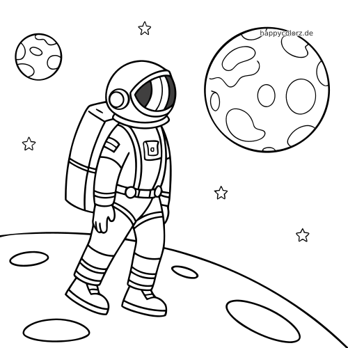 Ein Astronaut in Seitenansicht läuft auf der Mondoberfläche, umgeben von Sternen, der Erde und einem weiteren Planeten.