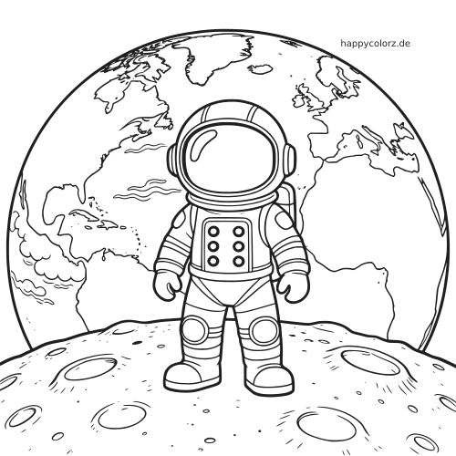 Ein Astronaut steht frontal auf der Mondoberfläche, dahinter ist die große Erde als klare Schwarz-Weiß-Zeichnung zu sehen.