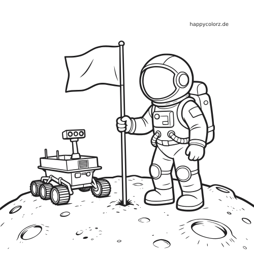 Ein Astronaut steht auf dem Mond neben einem kleinen Rover und hält eine Fahne; auf dem Boden sind mehrere Krater zu sehen.