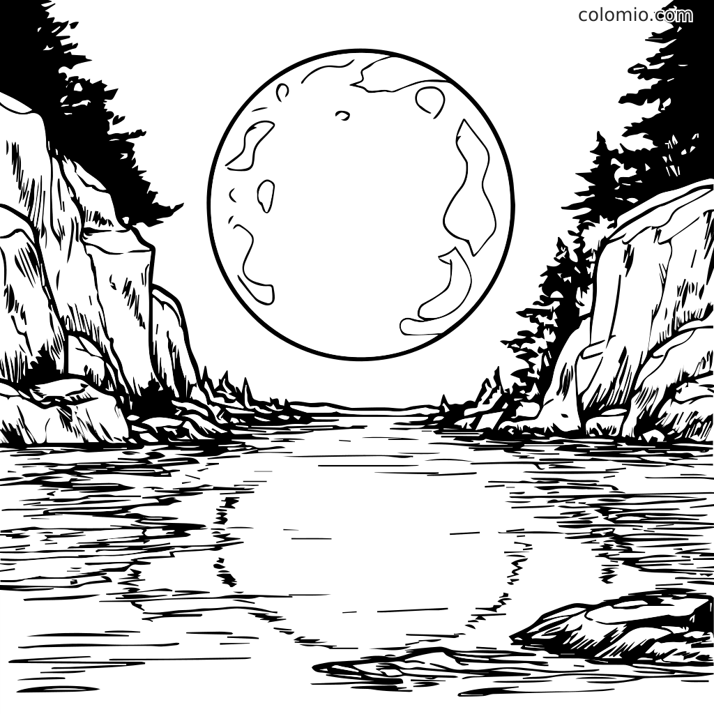 Eine Schwarz-Weiß-Färbungsseite mit einer Flusslandschaft unter einem großen Mond, umgeben von Bäumen und Felsen.
