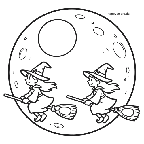 Ein einfaches schwarz-weißes Ausmalbild mit zwei Hexen auf Besen vor einem großen Vollmond mit Kratern.