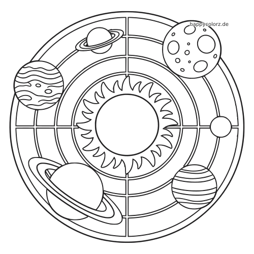 Ein einfaches Schaubild des Sonnensystems mit großer Sonne in der Mitte, Umlaufbahnen, mehreren Planeten, zwei Ringplaneten und einem Mond.