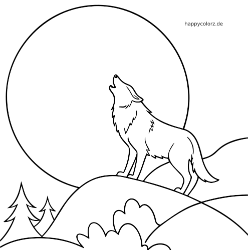 Ein heulender Wolf steht auf sanften Hügeln vor einem großen Vollmond, mit Tannen und Büschen als einfache Linienzeichnung.