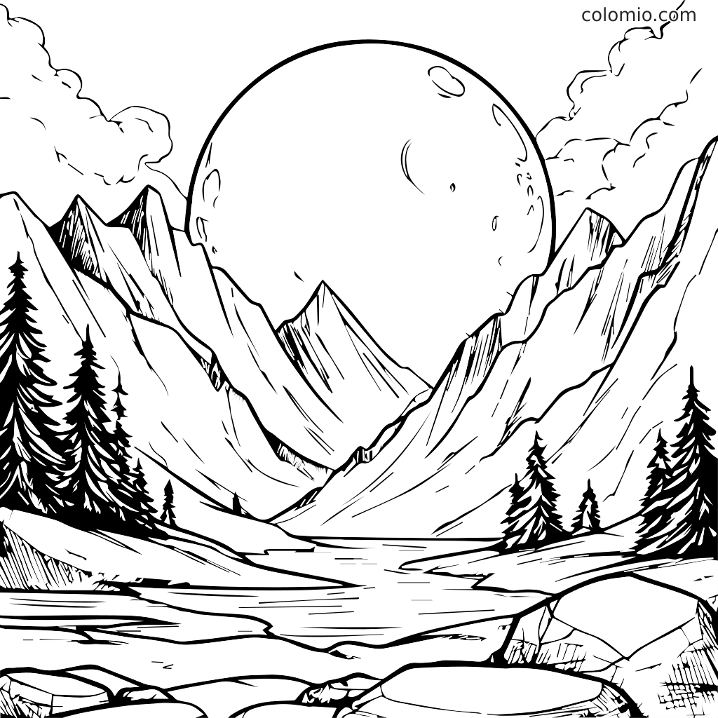 Eine detaillierte Schwarz-Weiß-Malvorlage einer Berglandschaft mit hohen Bäumen, einem Fluss und einem großen Mond am Himmel.