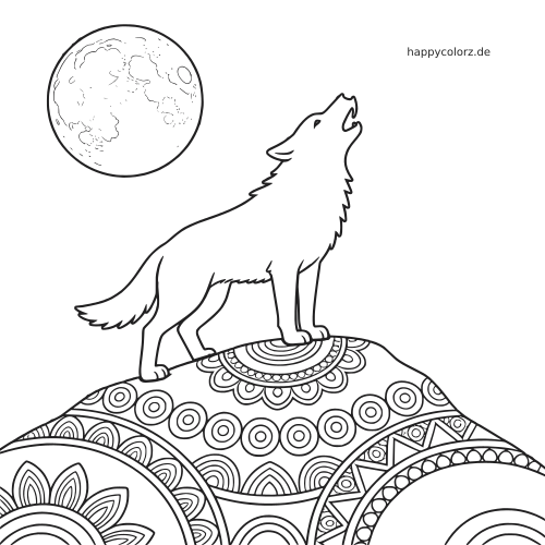 Ein heulender Wolf steht auf einem gemusterten Mandala-Hügel unter einem großen Vollmond als schwarz-weiße Linienzeichnung.