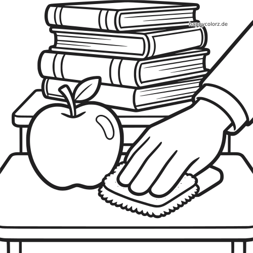 Schwarz-weißes Ausmalbild mit einem Apfel auf einem Lehrerpult, neben einem Bücherstapel und einer Hand mit Tuch.
