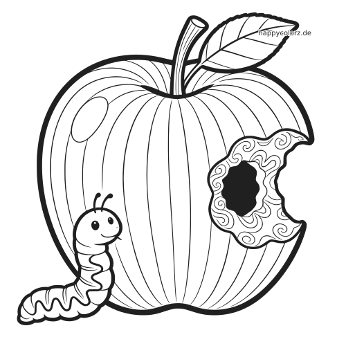 Ein großer Apfel mit Blatt und angebissener Seite, daneben ein kleiner lächelnder Wurm im einfachen Comicstil.
