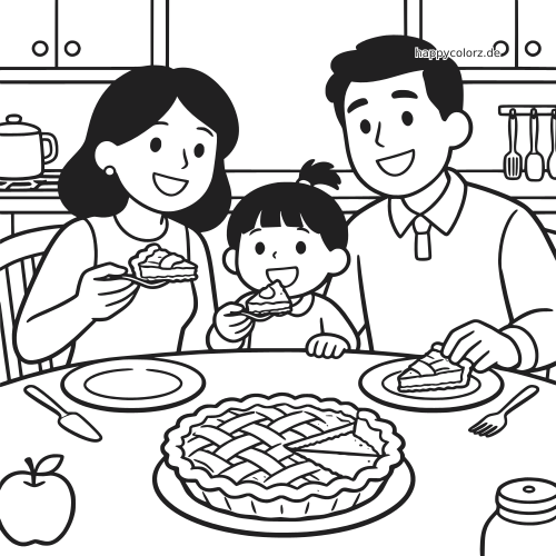 Schwarz-weißes Ausmalbild einer Familie am Küchentisch, die gemeinsam Stücke von einem Apfelkuchen isst.