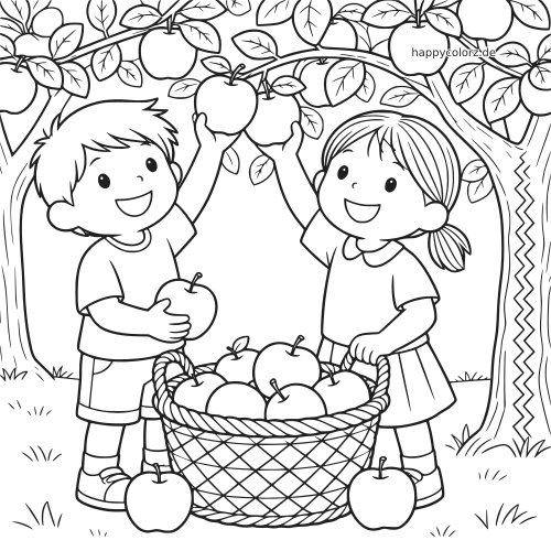 Schwarz-weiße Szene mit zwei Kindern, die im Obstgarten Äpfel von den Bäumen pflücken und einen Korb füllen.
