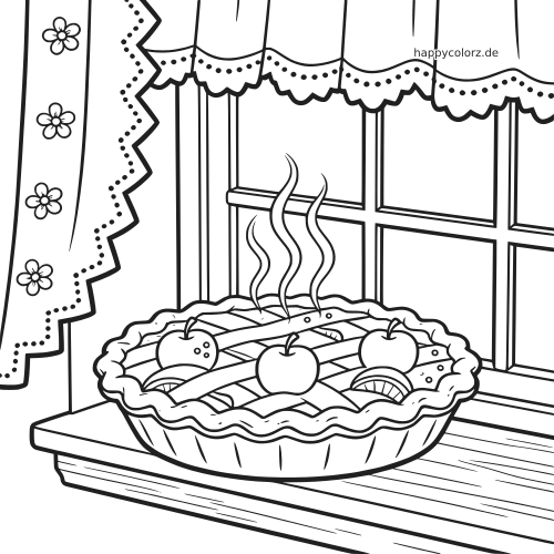 Ein detaillierter Apfelkuchen mit Gitterkruste steht auf der Fensterbank neben geblümten Vorhängen und dampft noch.